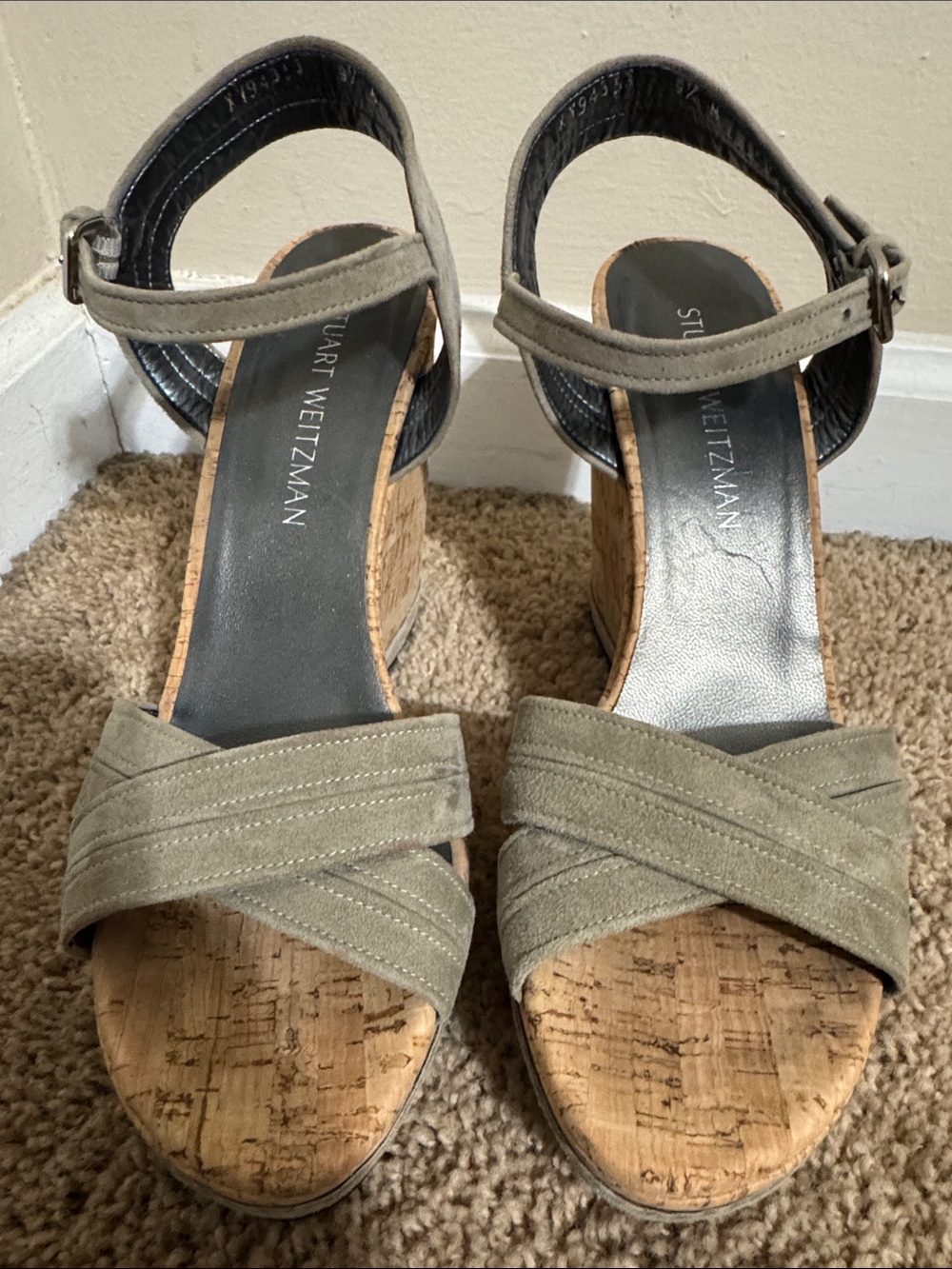 Stuart Weitzman Minx Cork Wedge Sandals Olive Green size 9.5 Boho Comfort Vacay - Picture 4 of 8